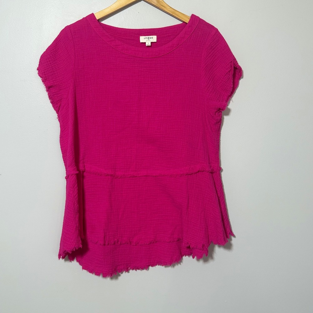 Umgee Peplum Top Women Small Pink Cotton Gauze Raw Hem Boho NWOT